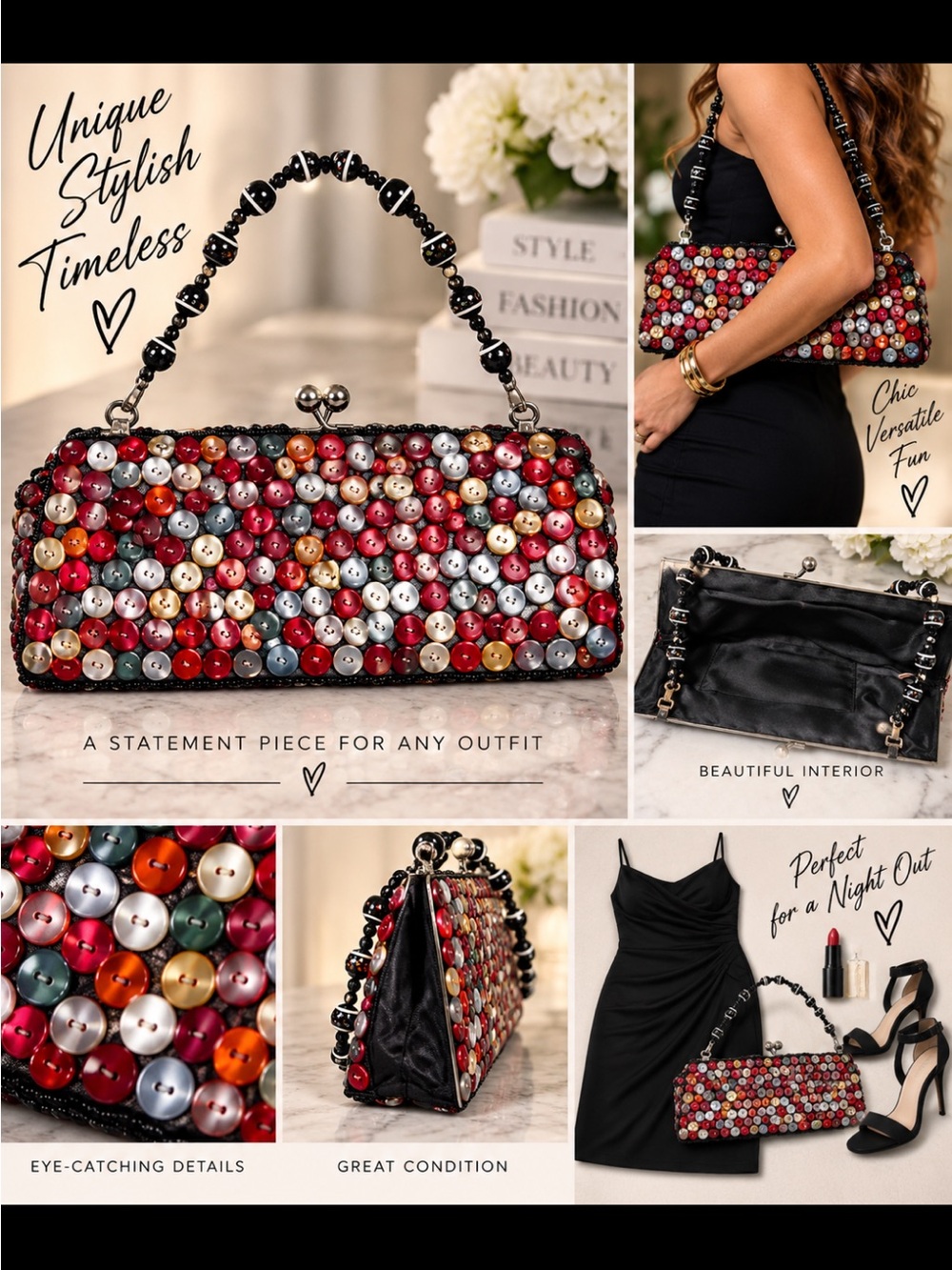 Beaded Button Clutch Shoulder Bag - Red Multi